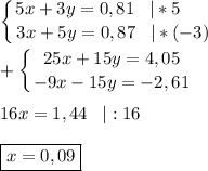 \displaystyle \left \{ {{5x+3y=0,81\;\;\;|*5\;\;\;\;\;\;} \atop {3x+5y=0,87\;\;\;|*(-3)}} \right. \\
\\
+\left \{ {{25x+15y=4,05} \atop {-9x-15y=-2,61}} \right. \\
\\
16x=1,44\;\;\;|:16\\
\\
\boxed {x=0,09}