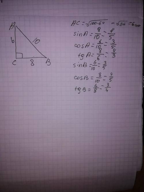 №4. в треугольнике abc угол c прямой, bc = 8, ab = 10. найдите синусы, косинусы и тангенсы острых уг