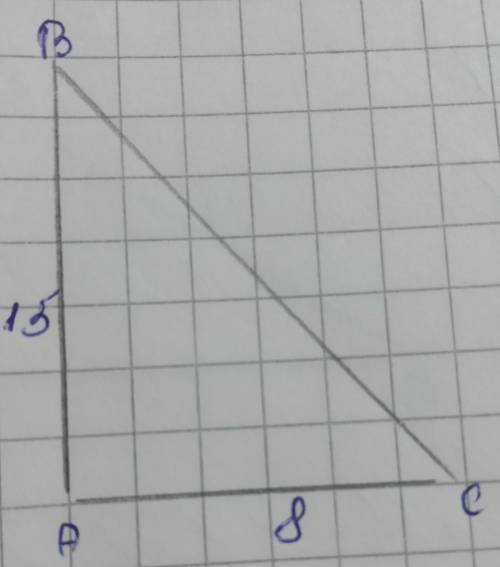 Дано: трикутник ABC(Кут A=90°), AB=15 см, AC=8 см.Знайти: ВС​​