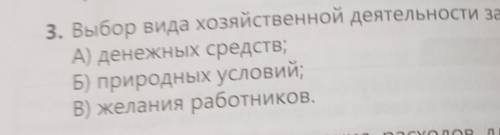 выбор видов хозяйственной деятельности зависит от варианты а денежных средств б природных условий В