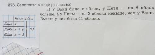 378. Запишите в виде равенства: а) У Вани было хяблок, у Пети на 8 яблокбольше, ау Нины на 3 яблока