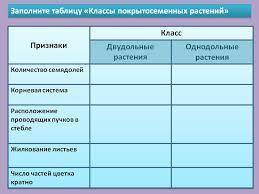 Задание по биологии (Заполните таблицу Сравнение двудольных и однодольных растений)