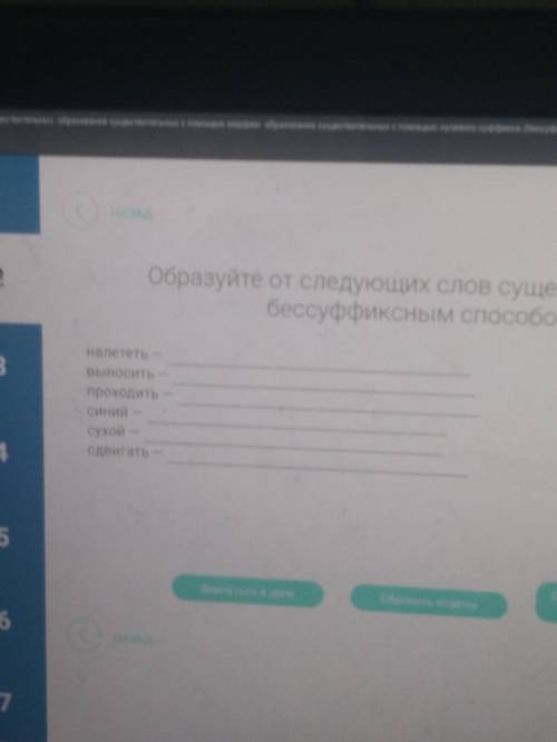 Образуйте от следующих слов существительные бессуфексальным Налететь-Выносить-Проходить-Синий-Сухой-