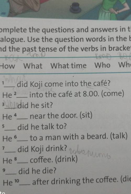 and the past tense of the verbs in brackets.How What What time Who WhereWhatA ? did Koji come into t