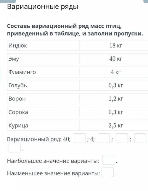 Составь вариационный ряд масс птиц приведенный в таблице и заполни пропуски онлайн мектеп​