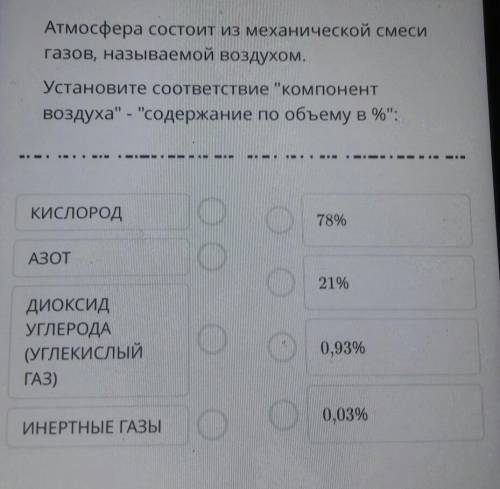 Атмосфера состоит из механической смеси газов, называемой воздухом.Установите соответствие компонен