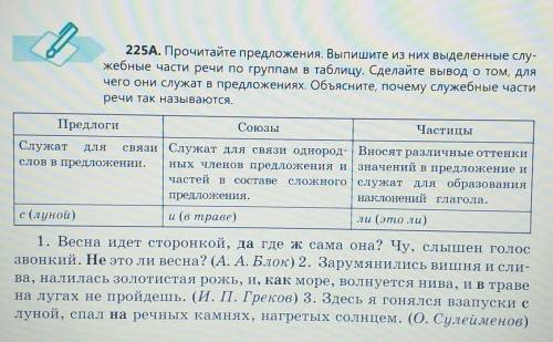 225A. Прочитайте предложения. Выпишите из них выделенные слу- жебные части речи по группам в таблицу
