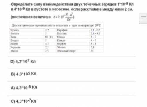 Определите силу взаимодействия двух точечных зарядов 1*10^-9Кл и 4*10^-9 в пустоте и керосине, если