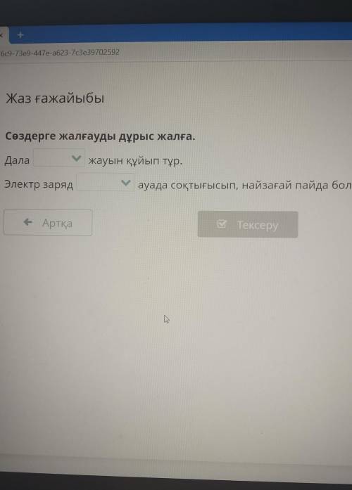 Сөздерге жалғауды дұрыс жалға. Далажауын құйып тұр.быЭлектр зарядауада соқтығысып, найзағай болады​