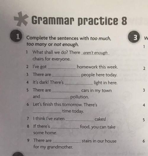 Complete the sentences with too much, too many or not enough.​