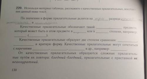 Упражнение 220. Используя материал таблицы, расскажите о качественных прилагательных, восстановив да
