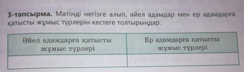 3-тапсырма. Мәтінді негізге алып, әйел адамдар мен ер адамдарға қатысты жұмыс түрлерін кестеге толты