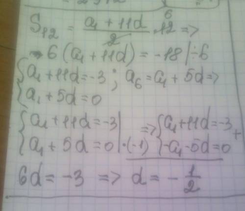 Знайдіть різницю арифметичної прогресії (аn), якщо a6 = 0; S12= -18.​