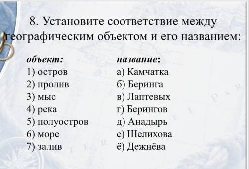 Установите соответствие между географическими обектам и его названием​
