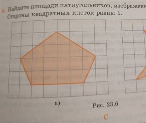 Найдите площади пятиугольников, изображенных на рисунке 23.6. Стороны квадратных клеток равны нужно