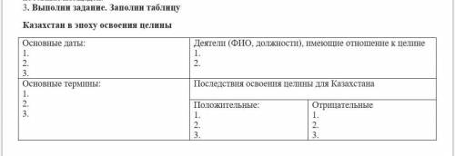 Заполни таблицу Казахстан в эпоху освоения целиныОсновные даты:1.2.3. Деятели (ФИО, должности), имею