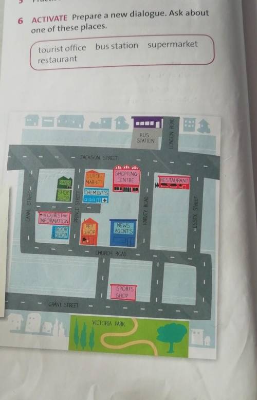 6 ACTIVATE Prepare a new dialogue. Ask about one of these places.tourist office bus station supermar