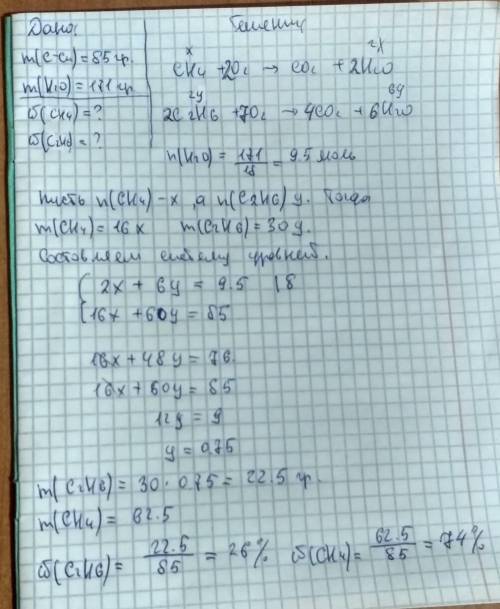 При полном сжигании смеси метана и этана общей массой 85 г образовалась вода массой 171 г. Определит