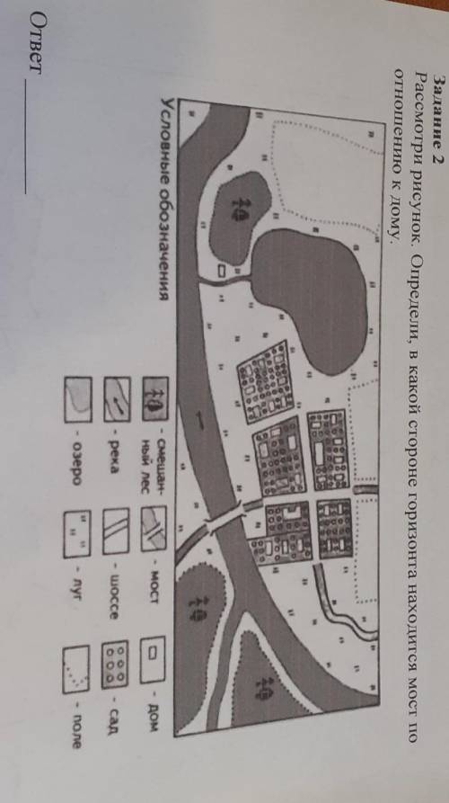 Рассмотри рисунок Определи В какой стороне горизонта находится мост по отношению к дому​