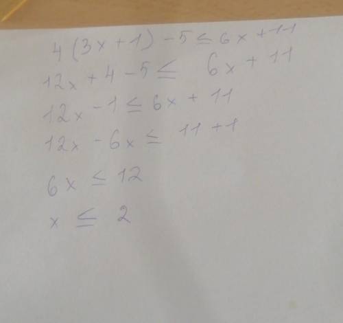 Решите неравенство: 4(3х + 1) -5 ≤ 6х +11