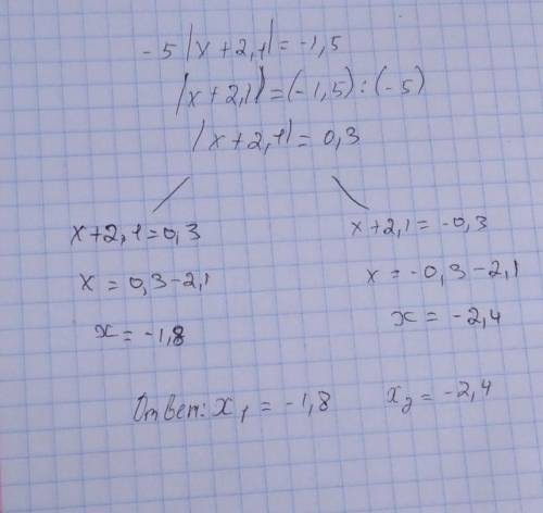 Решите уравнение: - 5·|х + 2,1| = - 1,5.
