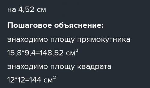На скільки площа прямокутника зі стороною 15,8см і 9,4см більша за площу квадрата зі стороною 12см?​