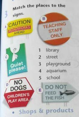 Match the places to the signs. TEACHING STAFF ONLY ACAUTION OADWORKS AHEAD 1 library 2 street Quiet