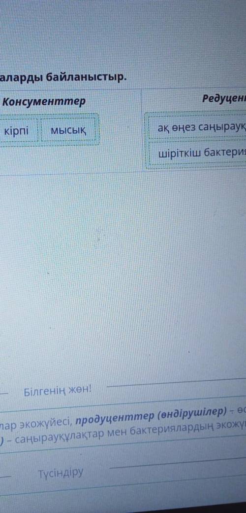 Экожүйе құрамбөліктері Экожүйенің құрамдас бөліктері мен тірі ағзаларды байланыстыр.ПродуценттерКонс