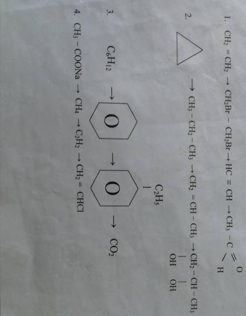 CH2=CH2->CH2Br-CH2Br->HC=CH->CH3-C // O \H