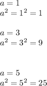 a=1\\a^2=1^2=1\\\\a=3\\a^2=3^2=9\\\\\\a=5\\a^2=5^2=25