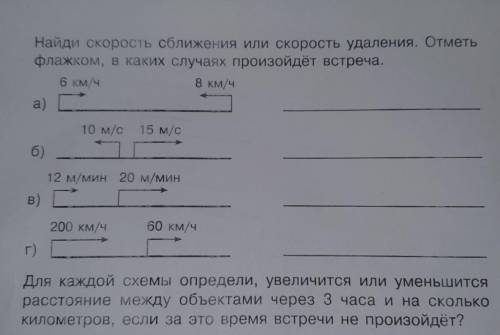 Найди скорость сближения или скорость удаления. Отметь флажком, в каких случаях произойдёт встреча.Д