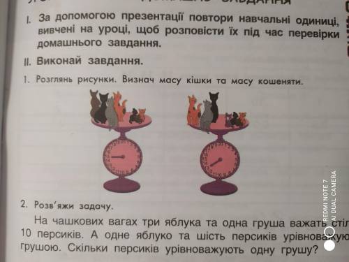 Розглянь рисунки. Визнач масу кішки та масу кошеняти. (Задание 1)