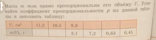 Масса m тела прямо пропорциональна его объему V. Устно найти коэффициент пропорциональности p из дан