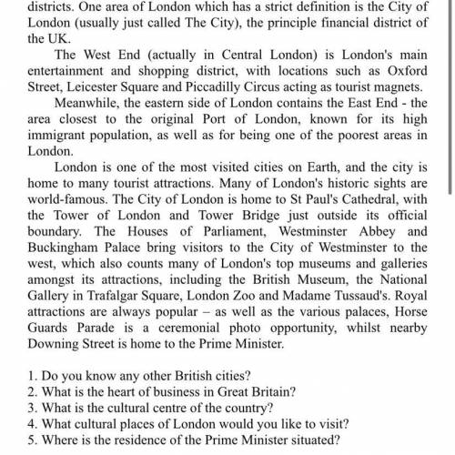 1. Do you know any other British cities? 2. What is the heart of business in Great Britain? 3. What 