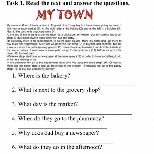 1. Where is the bakery?  2. What is next to the grocery shop?  3. What day is the market?  4. When d