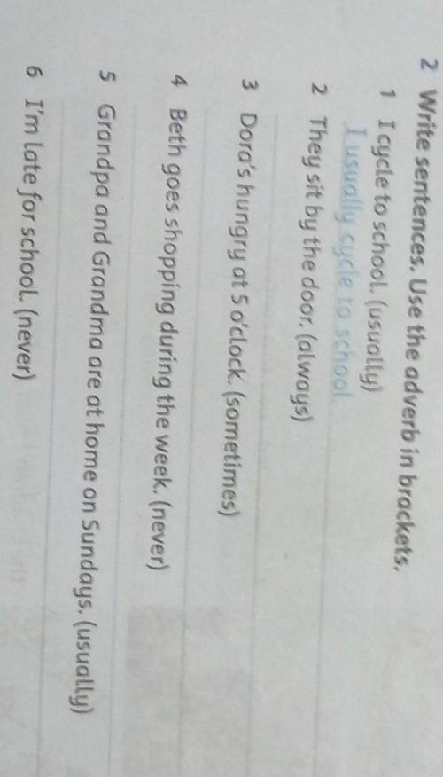 2 Write sentences. Use the adverb in brackets. 1 I cycle to school. (usually)I usually cycle to scho
