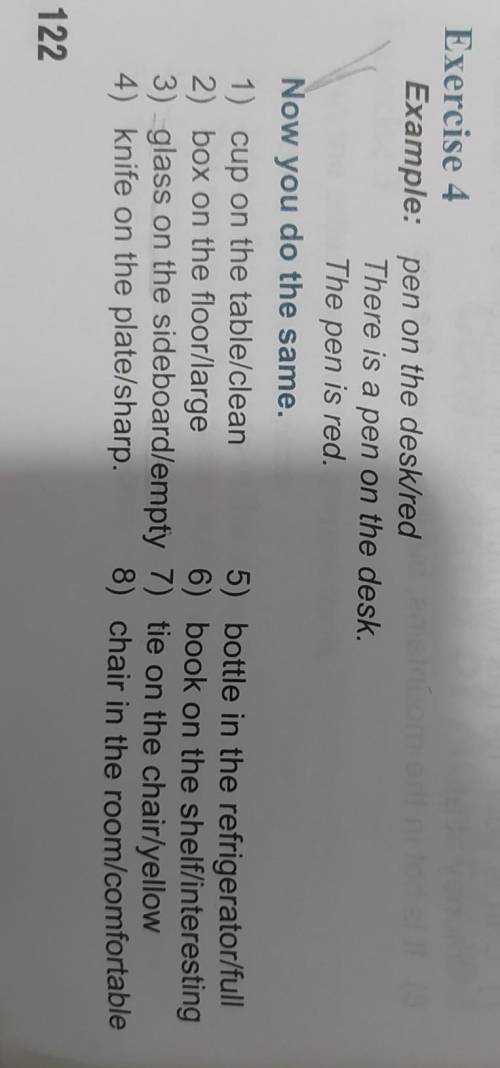 Exercise 4 Example: pen on the desk/redThere is a pen on the desk.The pen is red.Now you do the same