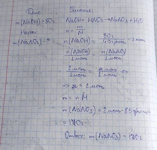 В реакцию с азотной кислотой HNO3 вступило 80 г гидроксида натрия NaOH. Рассчитайте массу образовавш