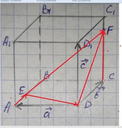 Три некомпланарных вектора a→, b→ и c→ размещены на рёбрах куба с общей вершиной. Точка E делит ребр