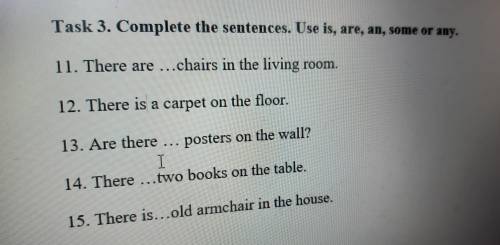 Task 3. Complete the sentences. Use is, are, an, some or any. 11. There are ...chairs in the living