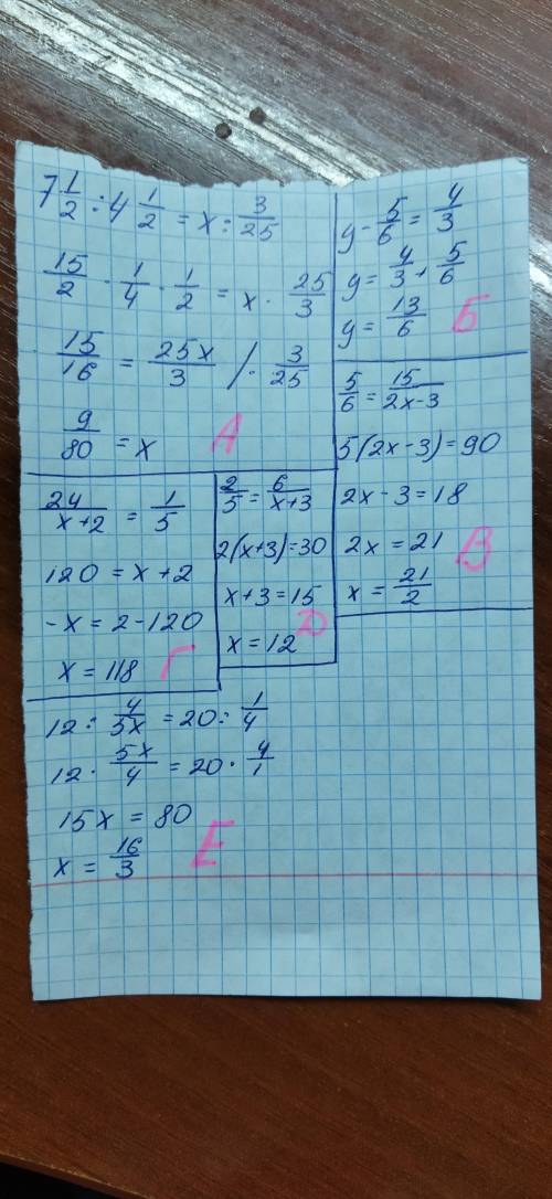 Решите уравнение: а) 7целое1/2:4целое1/2=х:3/25 б) y-5/6=4/3 в) 5/6=15/2х-3 г) 24/х+2=1/5 д) 2/5=6/