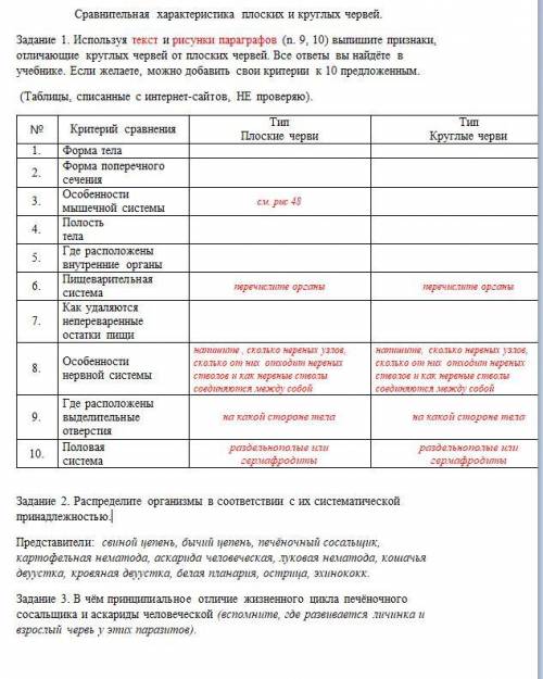 Тема: Сравнительная характеристика плоских и круглых червей