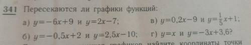 7 класс АЛГЕБРАномер 341 (Пересекаются ли графики функций)а),б),в) и г)