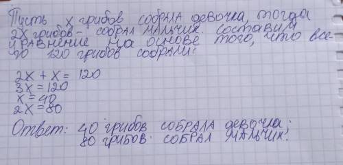 Мальчик и девочка собирали грибы и собрали вместе 120 штук. Девочка нашла в два раза меньше грибов,