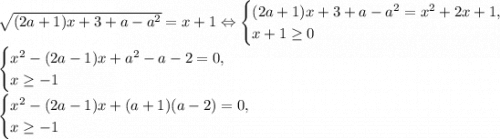 \sqrt{(2a+1)x+3+a-a^2}=x+1\Leftrightarrow\begin{cases}(2a+1)x+3+a-a^2=x^2+2x+1,\\x+1\geq0\end{cases}\\
\begin{cases}x^2-(2a-1)x+a^2-a-2=0,\\x\geq -1\end{cases}\\
\begin{cases}x^2-(2a-1)x+(a+1)(a-2)=0,\\x\geq-1\end{cases}