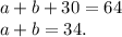a+b+30=64\\
a+b=34.
