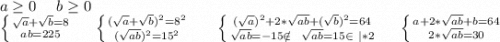 a\geq 0\ \ \ \ b\geq 0\ \ \ \ \ \ \ \ \\
\left \{ {{\sqrt{a}+\sqrt{b}=8 } \atop {ab=225}} \right.\ \ \ \ \left \{ {{(\sqrt{a}+\sqrt{b})^2=8^2 } \atop {(\sqrt{ab})^2 =15^2}} \right. \ \ \ \ \ \left \{ {{(\sqrt{a})^2 +2*\sqrt{ab} +(\sqrt{b})^2 =64} \atop {\sqrt{ab} =-15\notin\ \ \sqrt{ab}=15\in\ |*2 } \right. \ \ \ \ \left \{ {{a+2*\sqrt{ab}+b=64 } \atop {2*\sqrt{ab}=30 }} \right. \\
