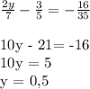 \frac{2y}{7} -\frac{3}{5} =-\frac{16}{35} \\

10y - 21= -16\\
10y = 5\\
y = 0,5