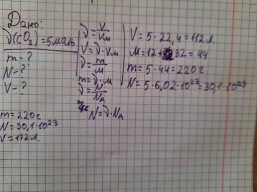 Дано: n(CO2)=5 моль m-? N-? V-?