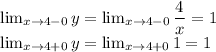 \lim_{x \to 4-0} y= \lim_{x \to 4-0} \dfrac{4}{x}=1\\
 \lim_{x \to 4+0} y= \lim_{x \to 4+0}1=1